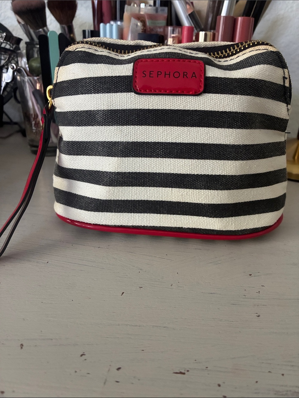Sephora Black and White Striped Cosmetic Pouch with Pink Accents
